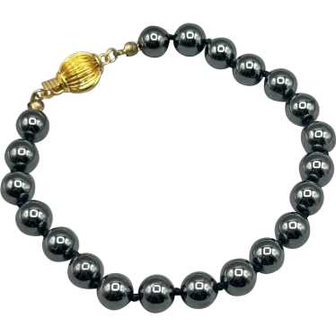 Hematite Glass Beaded Bracelet with Gold Tone Cla… - image 1