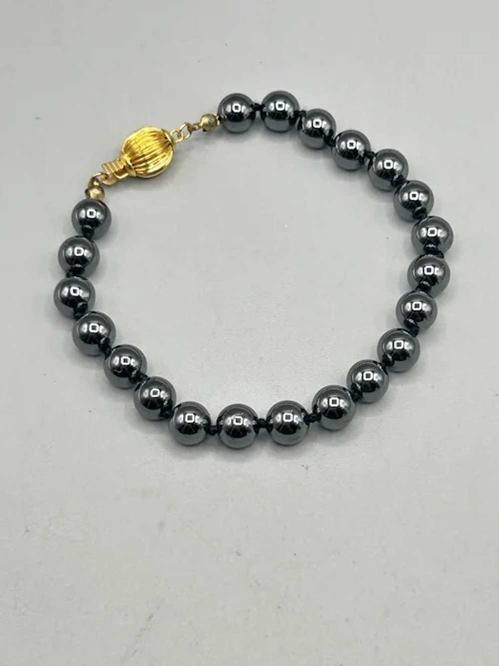 Hematite Glass Beaded Bracelet with Gold Tone Cla… - image 2