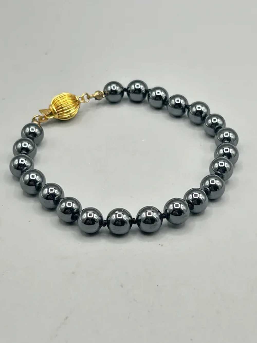 Hematite Glass Beaded Bracelet with Gold Tone Cla… - image 3