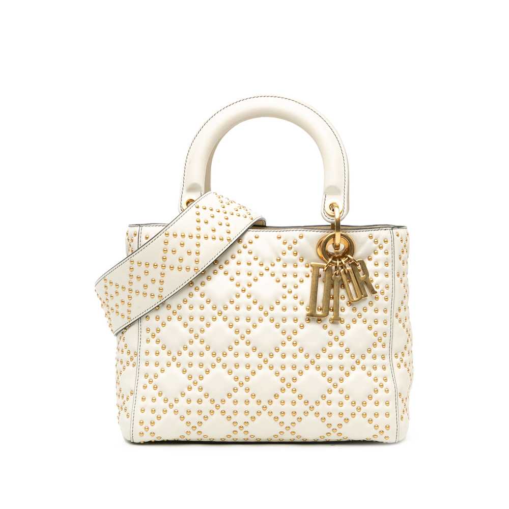 White Dior Medium Lambskin Cannage Studded Supple… - image 1