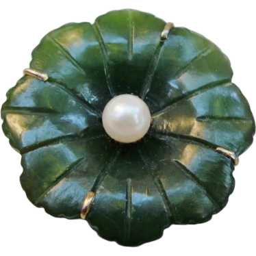 Carved Jade Green Stone & Pearl Vermeil Silver Fl… - image 1