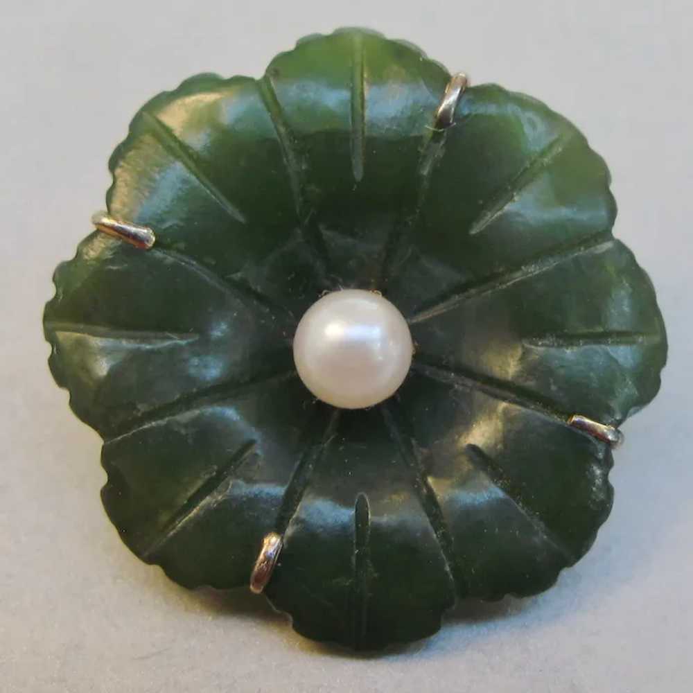 Carved Jade Green Stone & Pearl Vermeil Silver Fl… - image 2