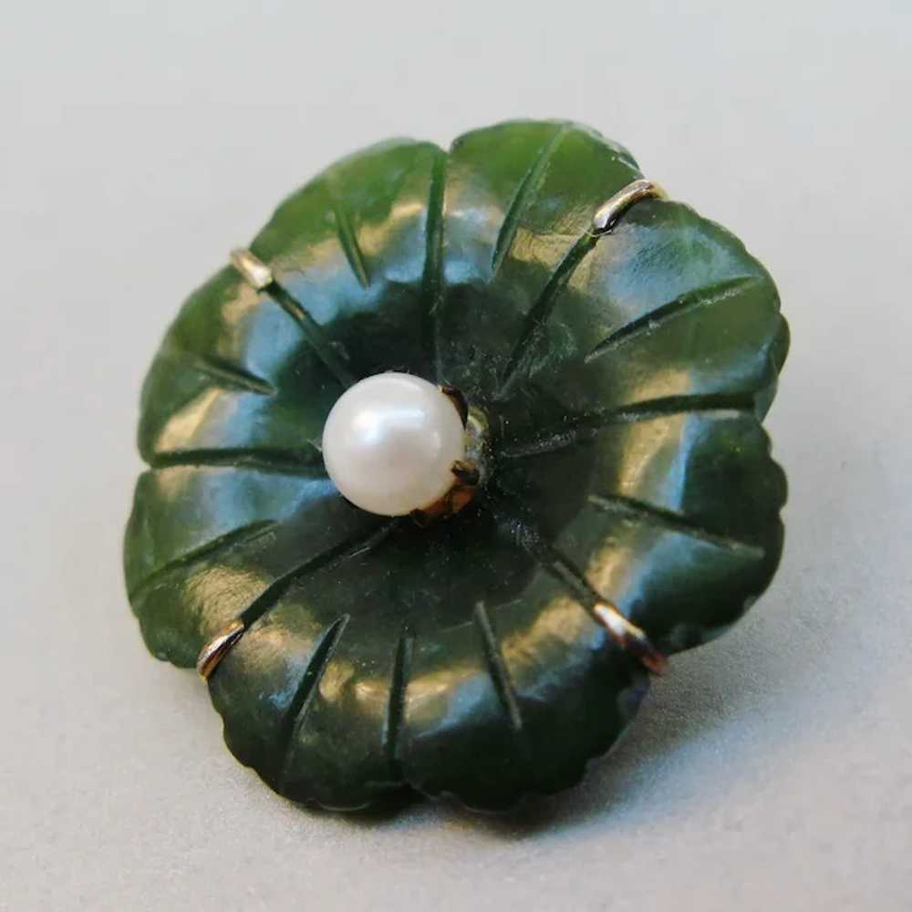 Carved Jade Green Stone & Pearl Vermeil Silver Fl… - image 3