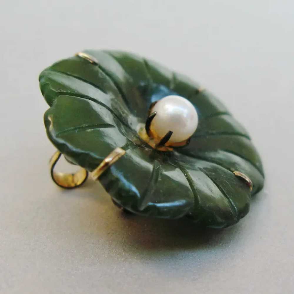 Carved Jade Green Stone & Pearl Vermeil Silver Fl… - image 4