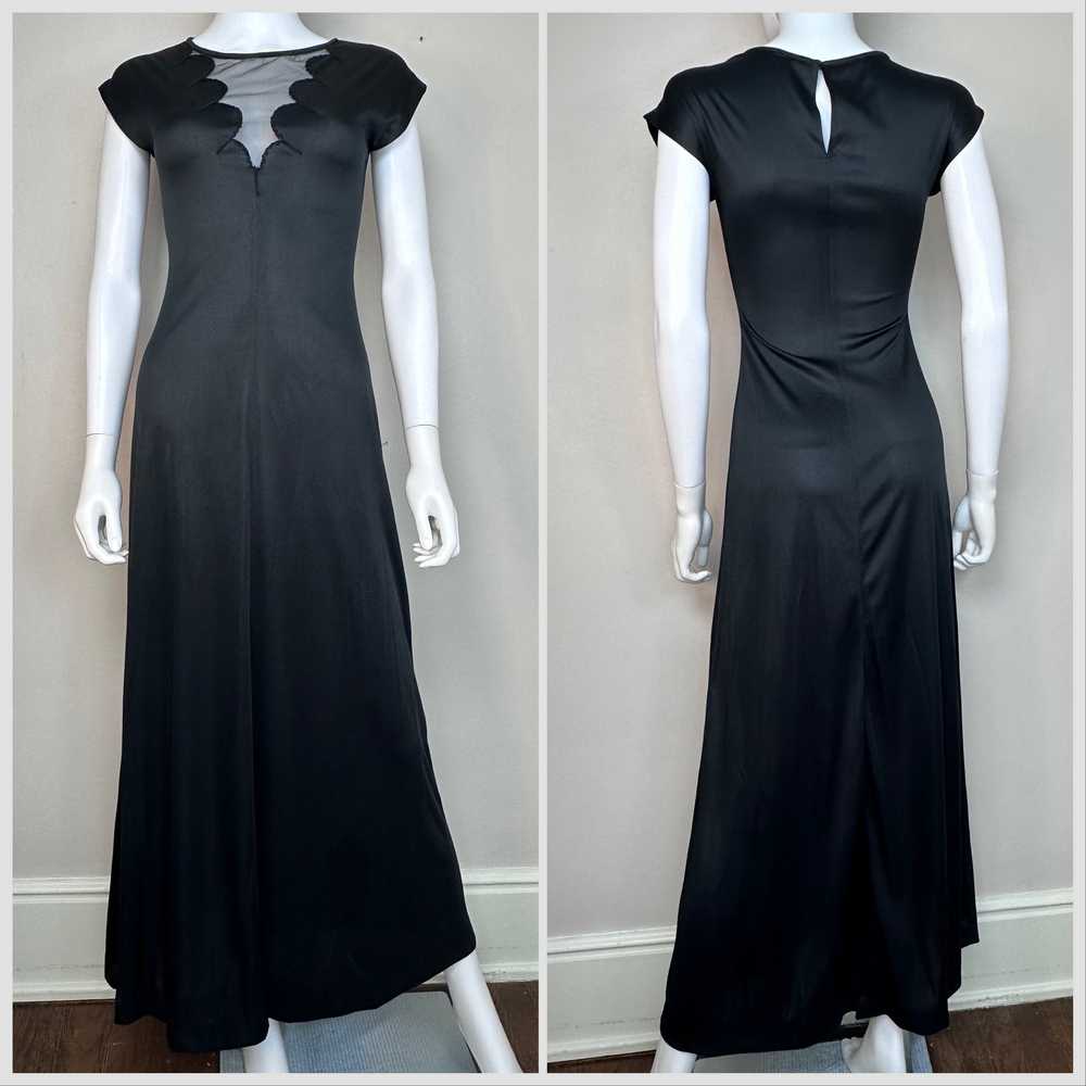 1970s Vampy Black Maxi Dress with Scalloped Sheer… - image 1