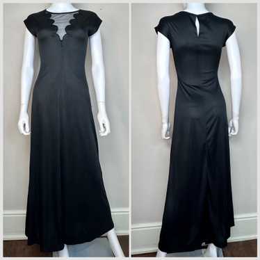 1970s Vampy Black Maxi Dress with Scalloped Sheer… - image 1