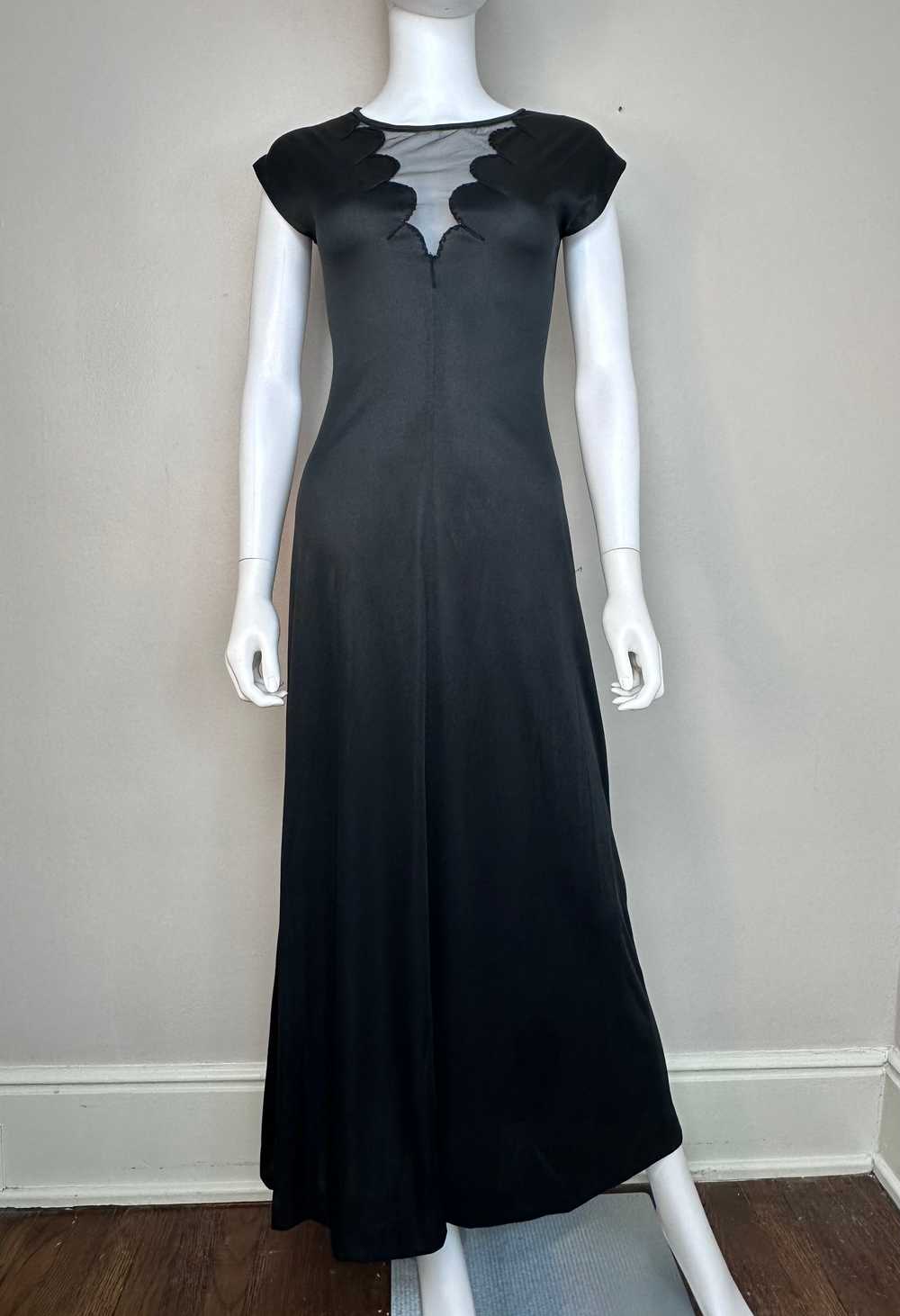 1970s Vampy Black Maxi Dress with Scalloped Sheer… - image 2