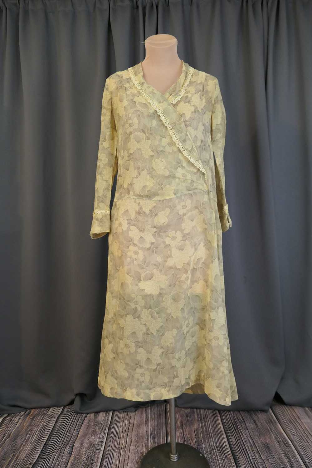 Vintage 1920s Voile Dress Sheer Yellow & Beige Fl… - image 2