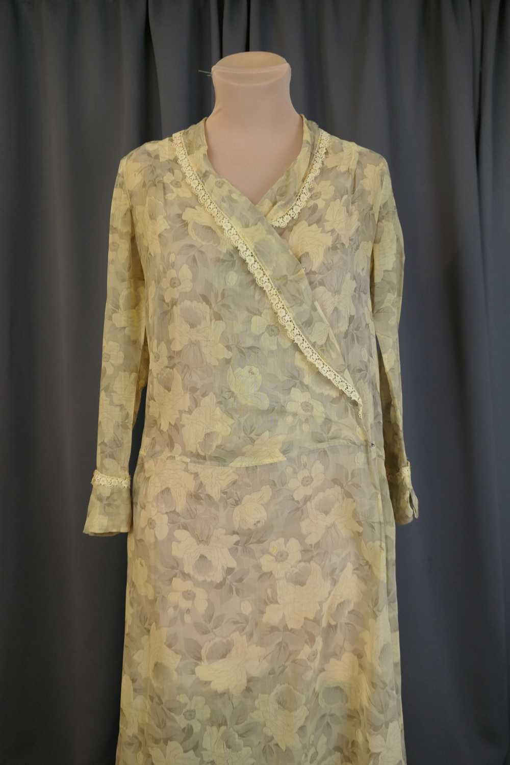 Vintage 1920s Voile Dress Sheer Yellow & Beige Fl… - image 4