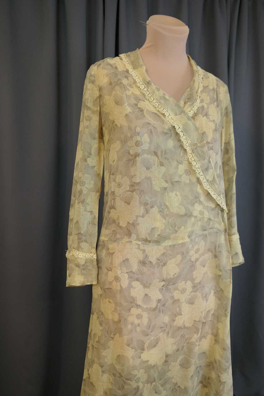 Vintage 1920s Voile Dress Sheer Yellow & Beige Fl… - image 6