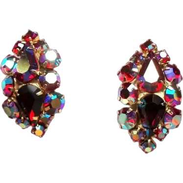 Vintage Red Aurora Borealis Rhinestone Earrings