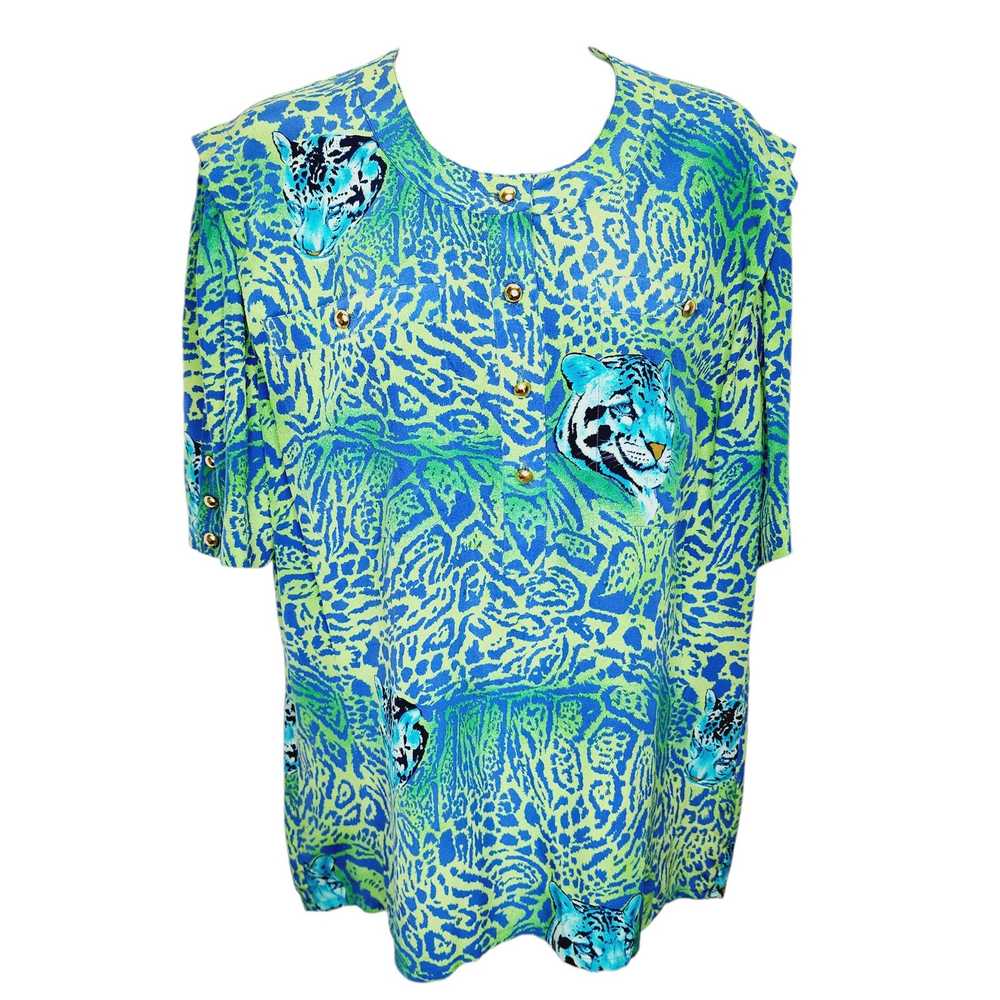 Escada Vintage Escada 80's Silk Blue & Green Tige… - image 1