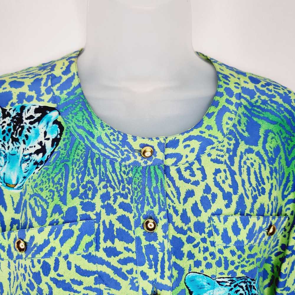 Escada Vintage Escada 80's Silk Blue & Green Tige… - image 5