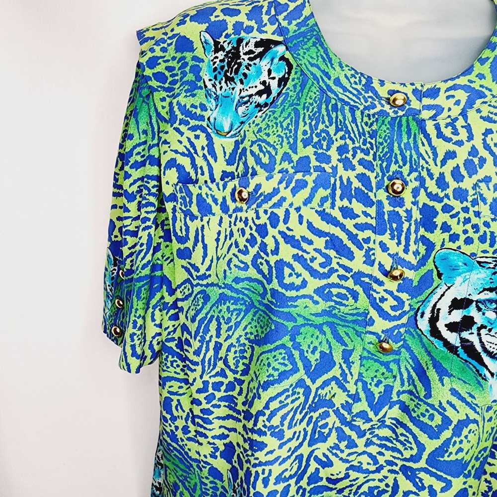 Escada Vintage Escada 80's Silk Blue & Green Tige… - image 8