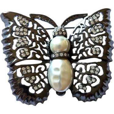 Black Enamel Faux Pearl Butterfly Pin - image 1