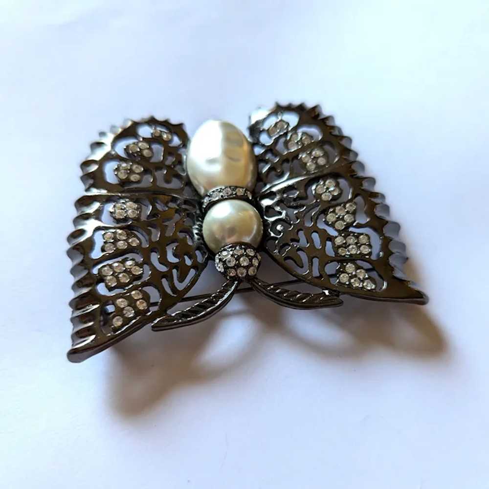 Black Enamel Faux Pearl Butterfly Pin - image 2