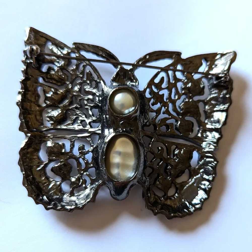 Black Enamel Faux Pearl Butterfly Pin - image 4