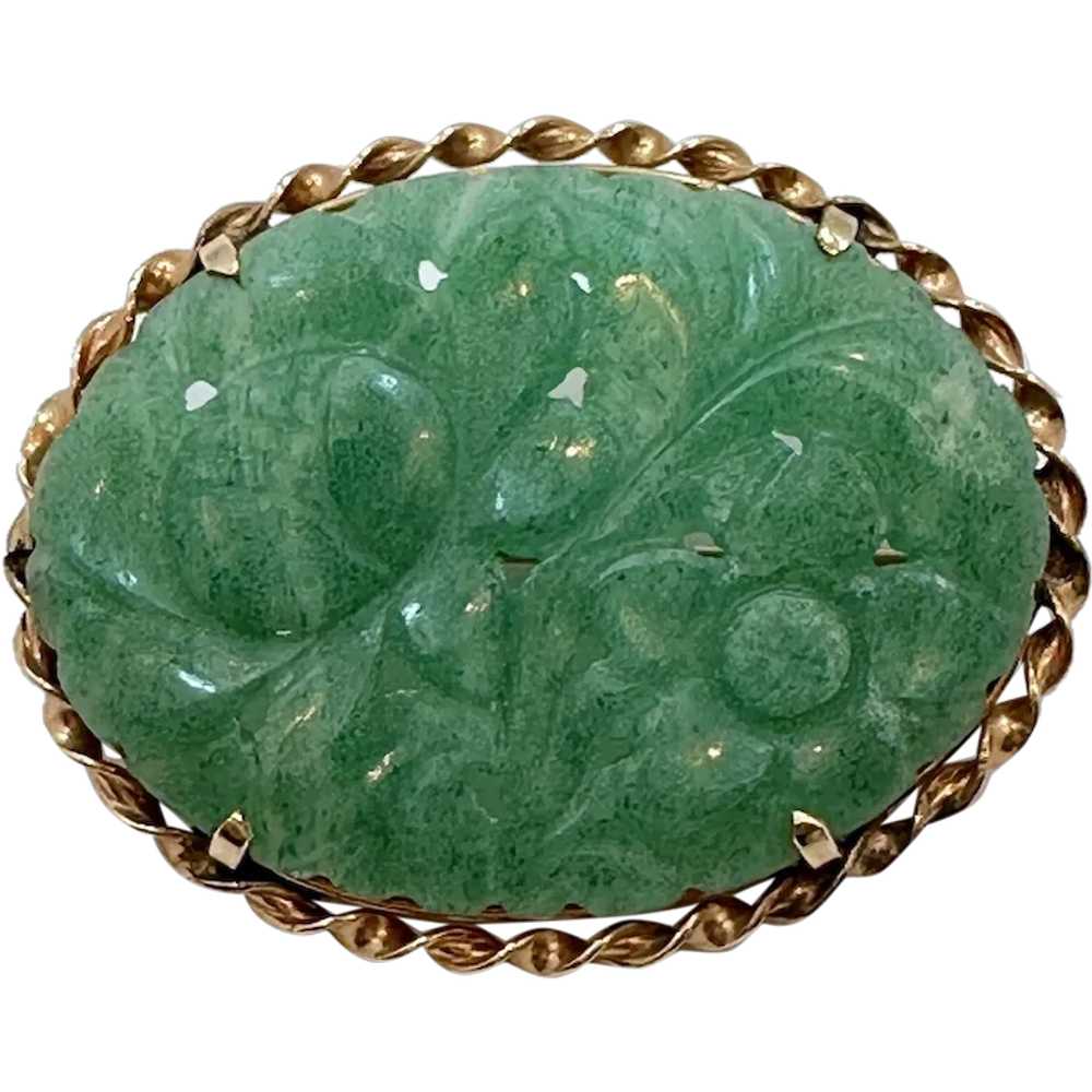 Jade Brooch, Nephrite, Carved, Asian, Vintage, Fl… - image 1