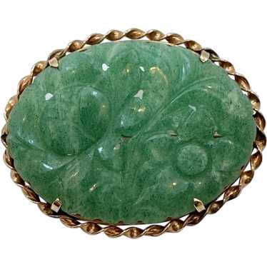 Jade Brooch, Nephrite, Carved, Asian, Vintage, Fl… - image 1