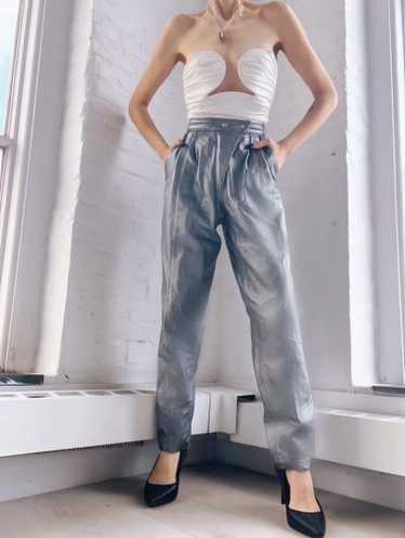 metallic silver leather trousers