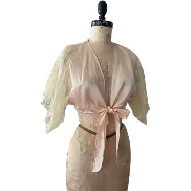 **** Vintage 1920-30 Pink Silk Lace Flutter Sleev… - image 1