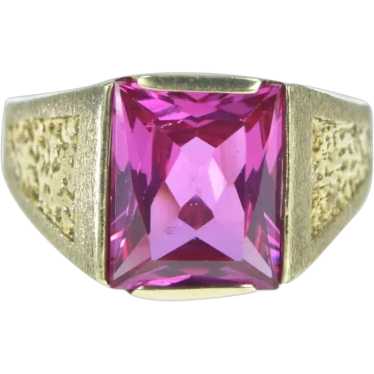 10K Emerald Cut Syn. Pink Sapphire Squared Ring Si