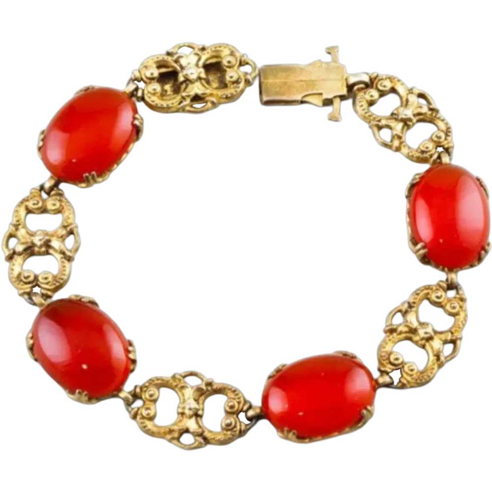 Edwardian Coral Glass bracelet, Brass 1920s RARE … - image 1