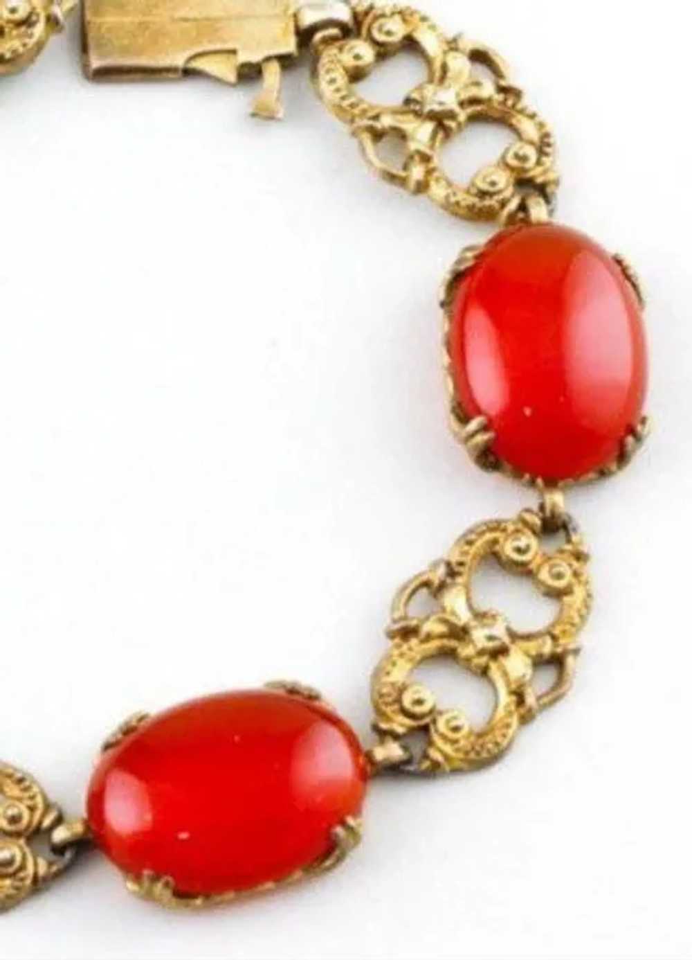 Edwardian Coral Glass bracelet, Brass 1920s RARE … - image 2