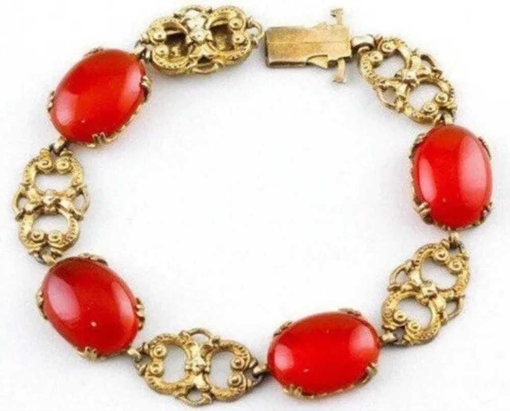 Edwardian Coral Glass bracelet, Brass 1920s RARE … - image 3