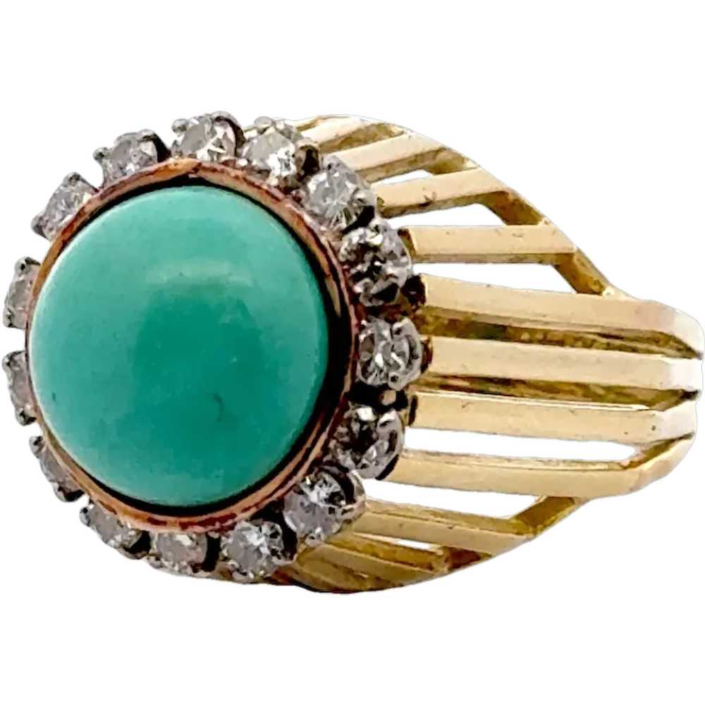 1970's Turquoise Diamond 14 Karat Yellow Gold Coc… - image 1