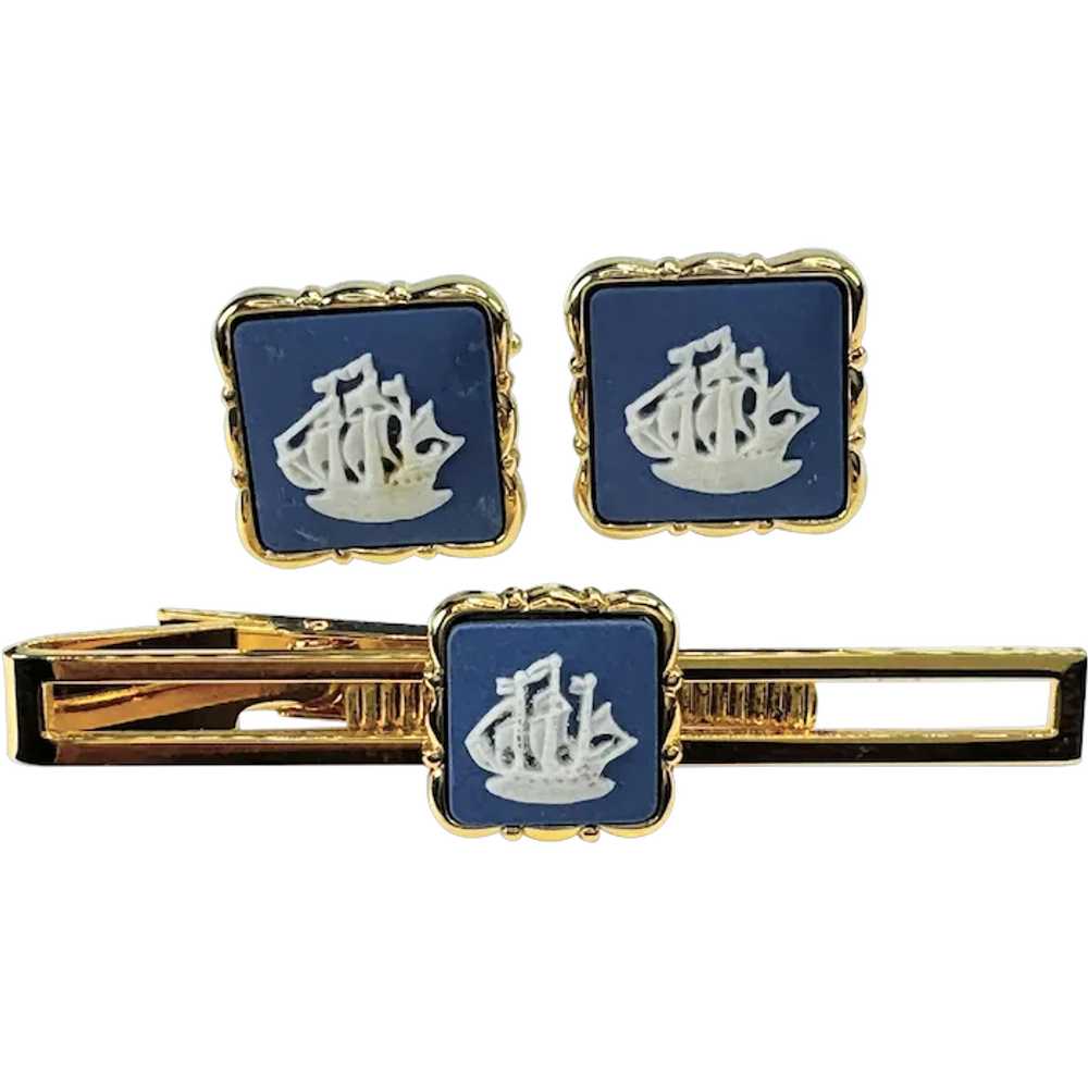 Stratton Wedgwood Jasperware  cufflink & Tie Clip… - image 1