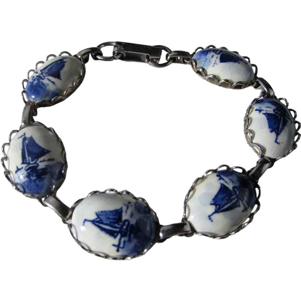 Delft Blue Ship on Porcelain Bracelet in Silver T… - image 1