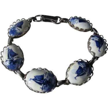 Delft Blue Ship on Porcelain Bracelet in Silver T… - image 1