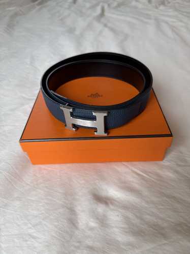 Hermes Blue Leather Hermes H belt with Silver Log… - image 1