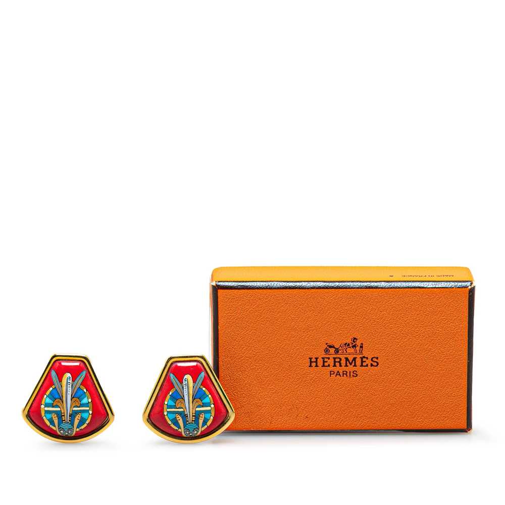 Red Hermès Enamel Cloisonne Clip On Earrings - image 4