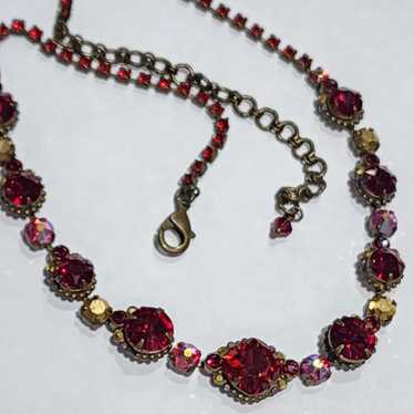 Vintage Sorrelli Necklace 2024 Bronze Tone Red Burgundy AB Crystals 15”