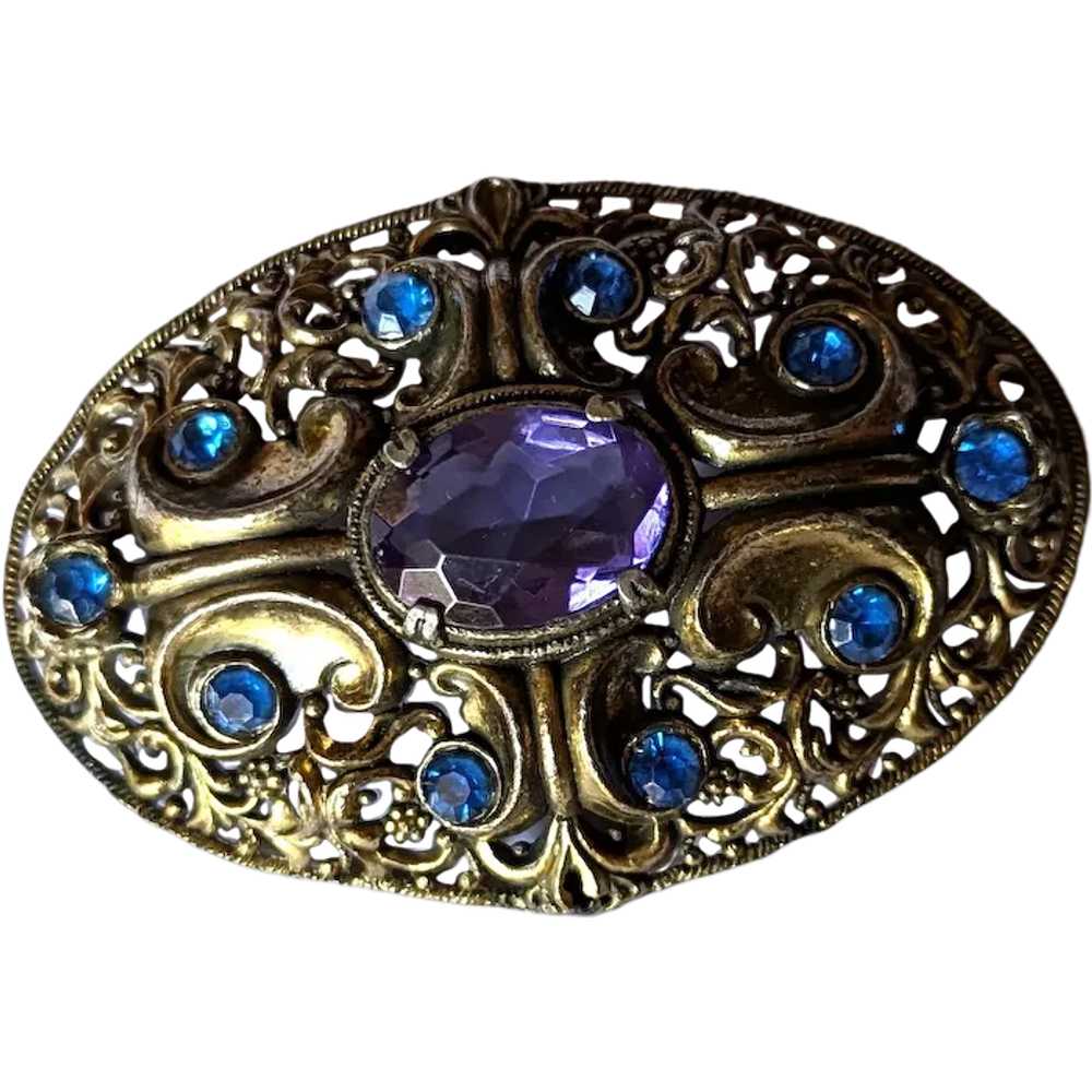Art Deco Era Purple and Blue Rhinestone Pin Brooch - image 1