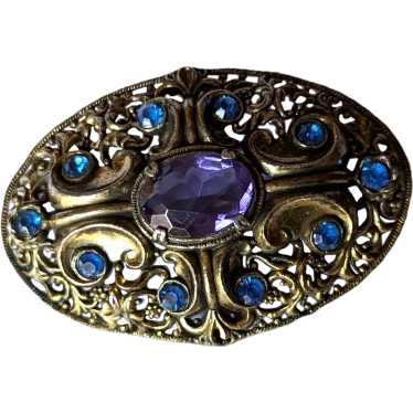 Art Deco Era Purple and Blue Rhinestone Pin Brooch - image 1
