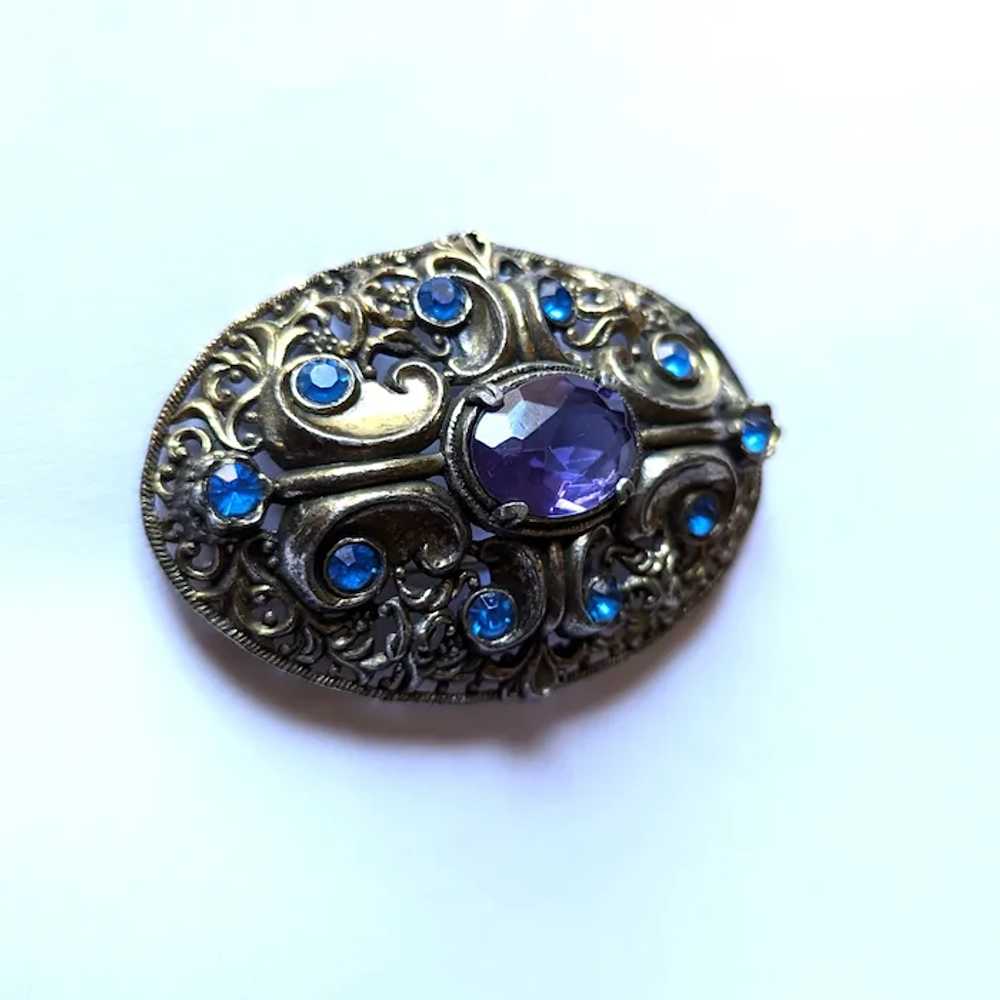 Art Deco Era Purple and Blue Rhinestone Pin Brooch - image 2