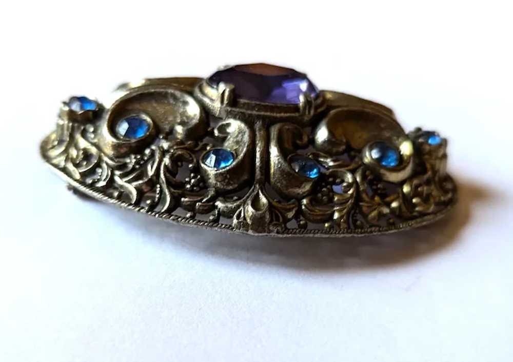 Art Deco Era Purple and Blue Rhinestone Pin Brooch - image 3
