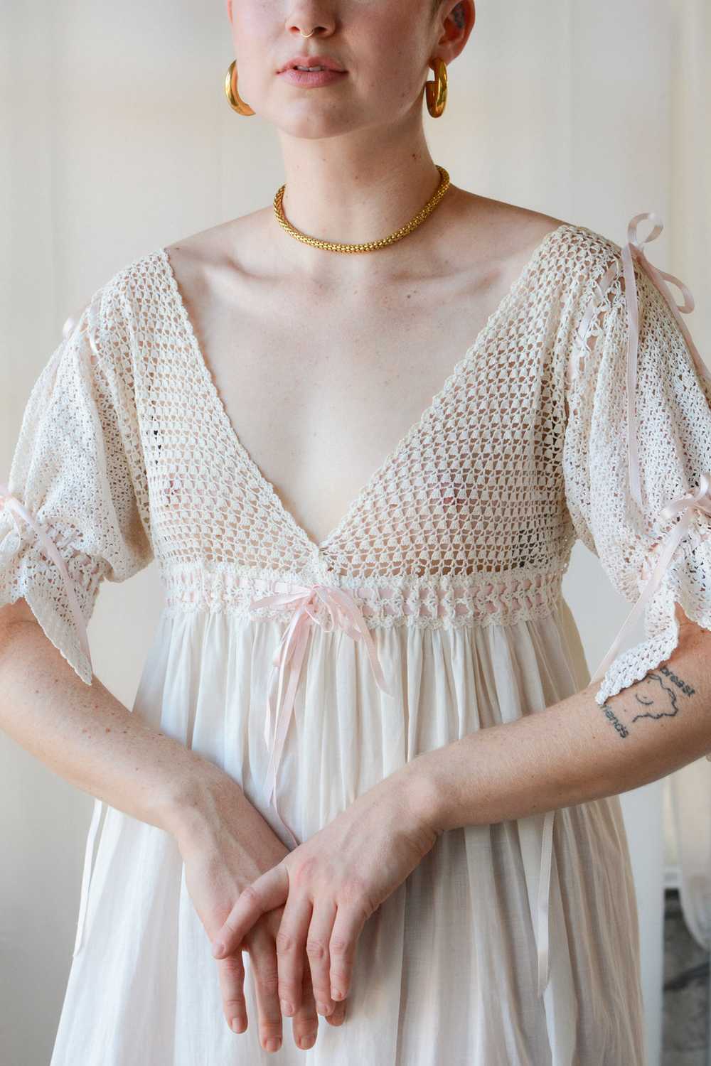 Antique Crochet Cotton Ribbon Nightdress - image 5