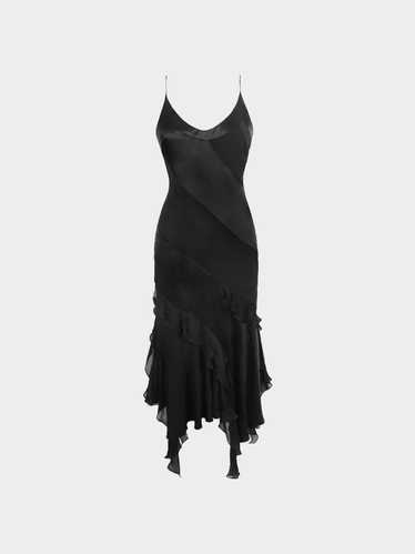 Roberto Cavalli 2000s Black Satin Silk Ruffled Dre