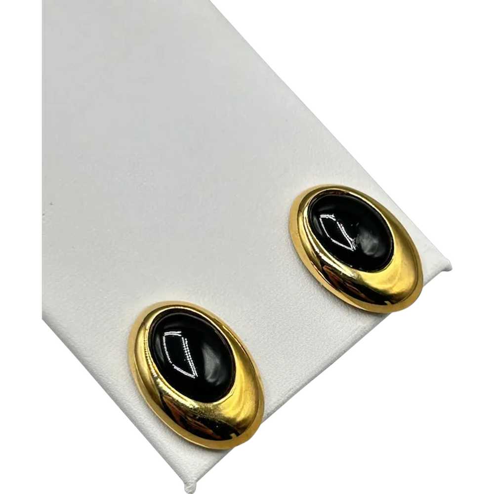 Vintage Gold Tone & Black Oval Cabochons Clip On … - image 1