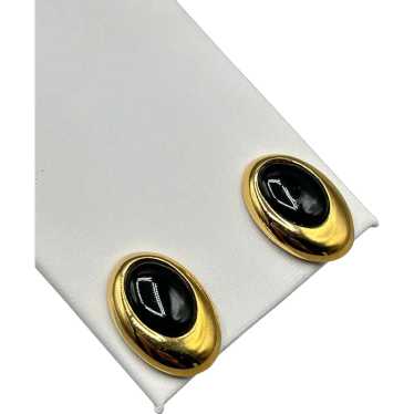 Vintage Gold Tone & Black Oval Cabochons Clip On … - image 1