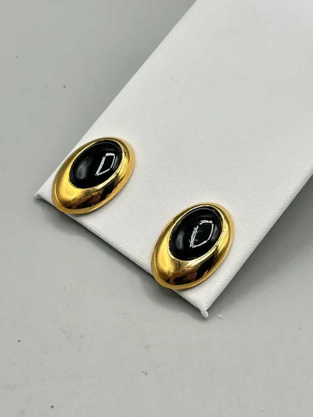 Vintage Gold Tone & Black Oval Cabochons Clip On … - image 2