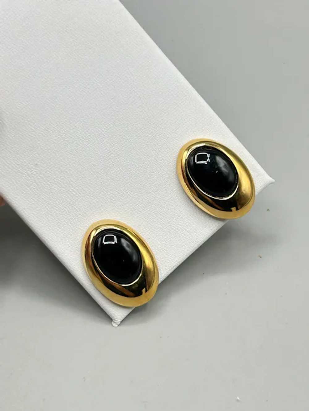 Vintage Gold Tone & Black Oval Cabochons Clip On … - image 3