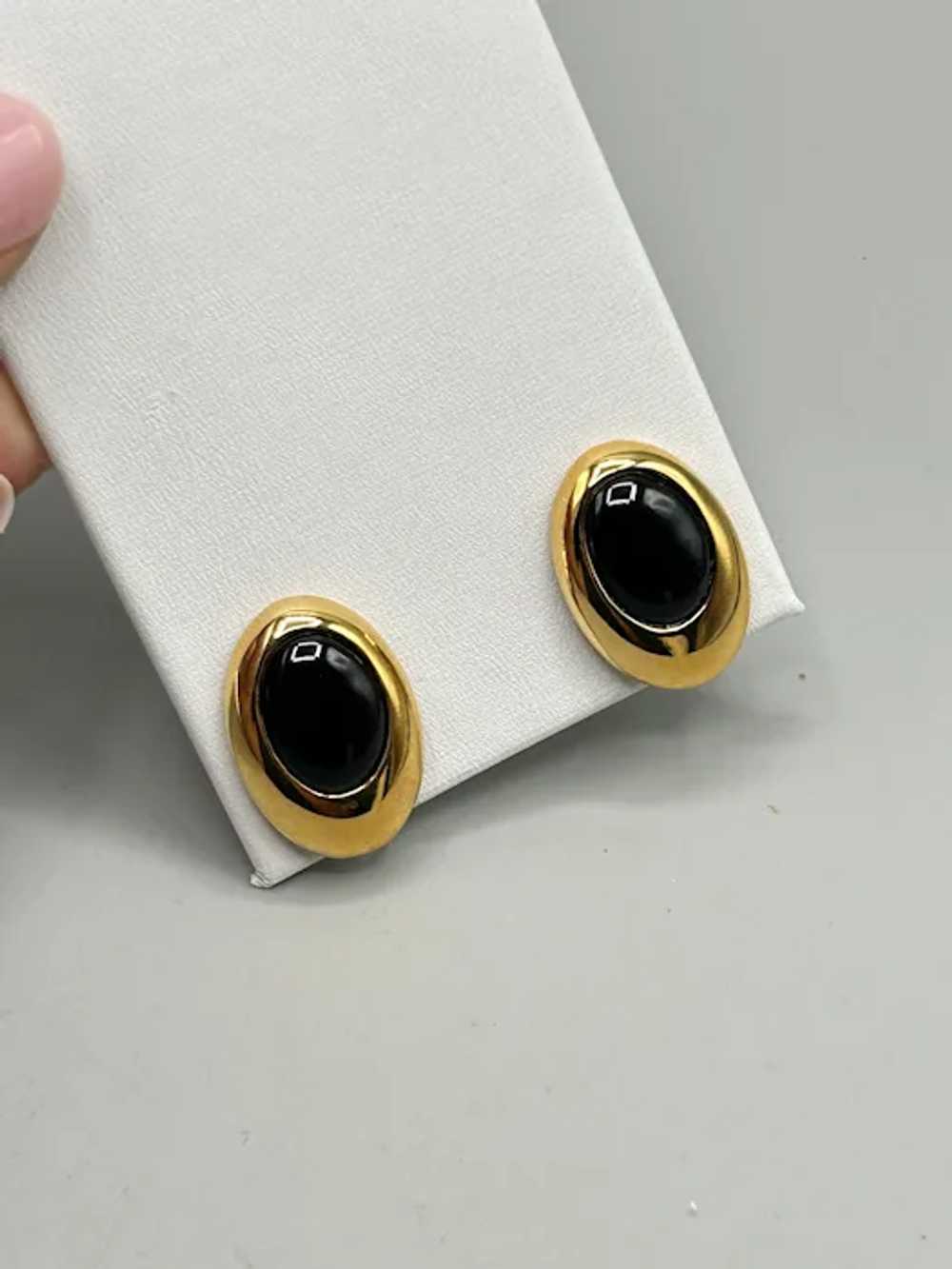 Vintage Gold Tone & Black Oval Cabochons Clip On … - image 4