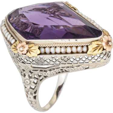 c1920s Vintage Art Deco Amethyst Ring Pearl Filigr