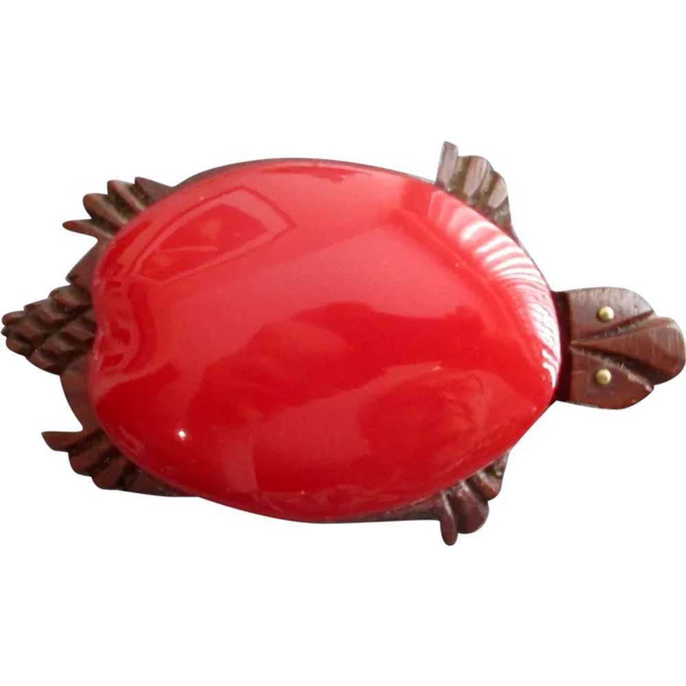 Vintage Red Bakelite and Wooden Turtle Pin - image 1