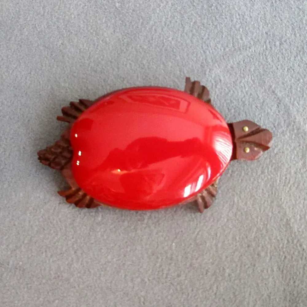 Vintage Red Bakelite and Wooden Turtle Pin - image 2